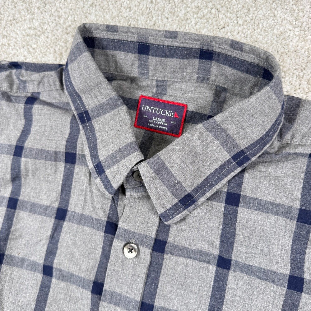 UNTUCKit Button Down Shirt Mens Large Gray Navy Plaid Long Sleeve Cotton